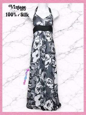 Ann Taylor 100% Silk Monochrome Y2K Floral Halter Maxi Dress